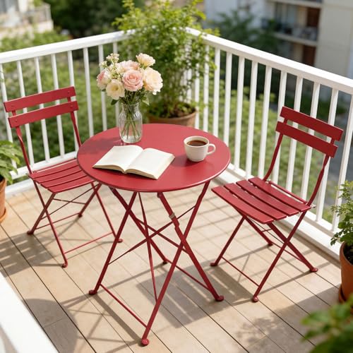 Grand Patio 3 Piece Folding Patio Bistro Set for Outdoor Balcony, Red - color: Red