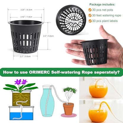 ORIMERC 30 Pack 3 inch Net Cup Pots with 30 feet Hydroponic Self Watering Wick & 30 Plant Labels Aquaponics Mason Jar Bucket Insert Orchid kratky Vegetable Gardening Growing Netted Basket Slotted Mesh - size: 3 inch(30 Pack)
