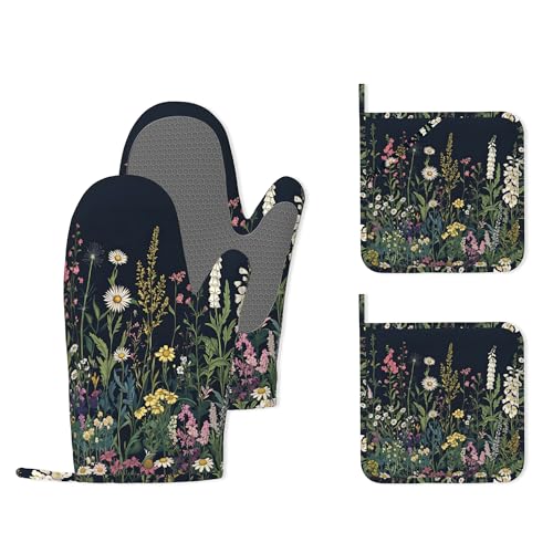 Wildflower Spring Floral Garden Flowers Oven Mitts and Pot Holders (4PCS),Heat Resistant Non-Slip Silicone Kitchen Gloves for Cooking, Baking, BBQ Waterproof Kitchen Accessories - color: Wildflower Spring Floral Garden Flowers