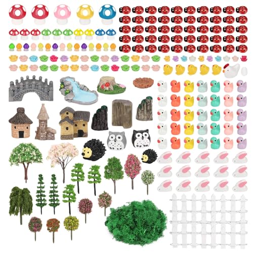 Thrilez 210 Pieces Miniature Fairy Garden Accessories, Including Resin Animals, Miniature Figurines, Micro Landscape Ornaments Kit, Fake Diorama Trees for Fairy Garden Decor