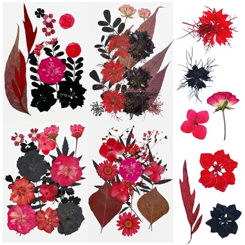 Cayway 64 PCS Dried Pressed Flowers for Resin, Red and Black Real Pressed Flowers, Dry Leaves Natural Dried Pressed Leaves for Christmas Art Crafts Resin Scrapbook (Red-Black-3) - color: Red-black-3