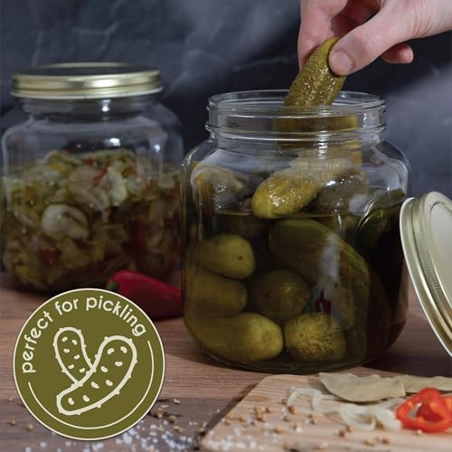 kitchentoolz Half Gallon Mason Jar Wide Mouth with Airtight Metal Lid - Safe for Fermenting, Pickling, Sourdough & Kombucha - Glass 64 oz Mason Jar - Made in USA - BPA Free - color: Gold Lid