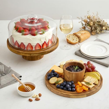 12" Acacia Wood Cake Stand with Glass Lid | Glass Cake Stand with Dome, Cake Holder for Cakes, Cupcakes, 2-In-1 Dessert Table Display & Charcuterie Board for Party - color: Round Footed A