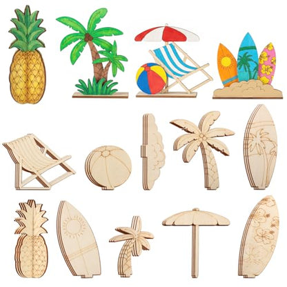 DIY 3D Summer Wood Crafts to Paint, 4 Styles DIY Blank Unfinished Wooden Slices for Craft, Beach Chair Surfboard Pineapple Coconut Tree Cutouts Ornament for Painting Decorations (45 PCS) - size: Summer