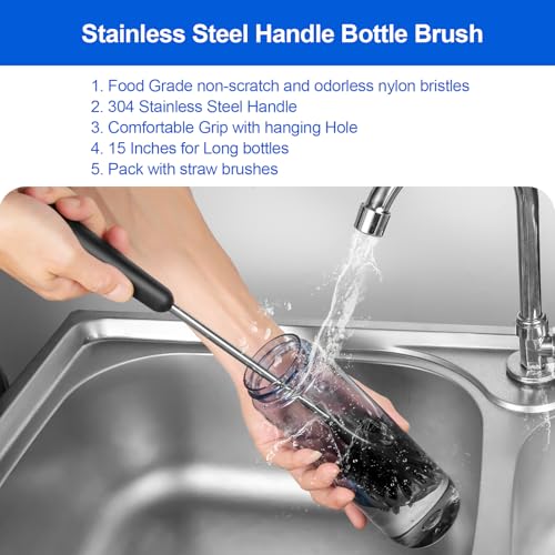 Bottle Brush, Long Stainless Steel Handle Water Bottle Brush Cleaner, Sports Bottle Scrubber, Kitchen Scrub Cleaning Brushes for Beer Bottles, Cups, Wine Glasses, Coffee Mugs, Tumblers, Thermos - style: 1 Pack
