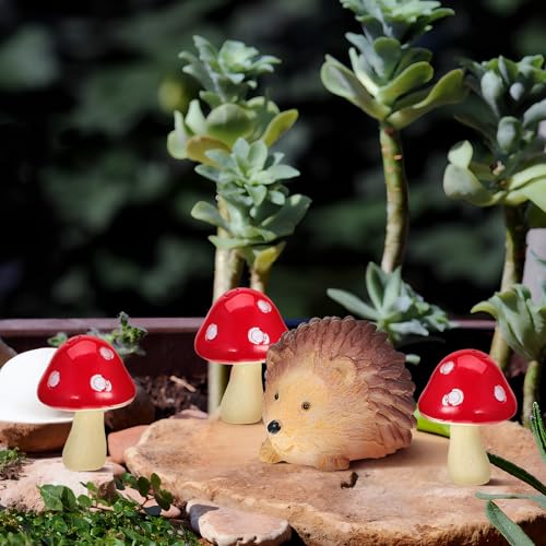 Toyvian Mini Resin Hedgehogs Figurines and Mushroom Decor Set 6-Piece Miniature Garden Accessories for Fairy Gardens Terrariums Plant Pots Tabletops and Craft Projects