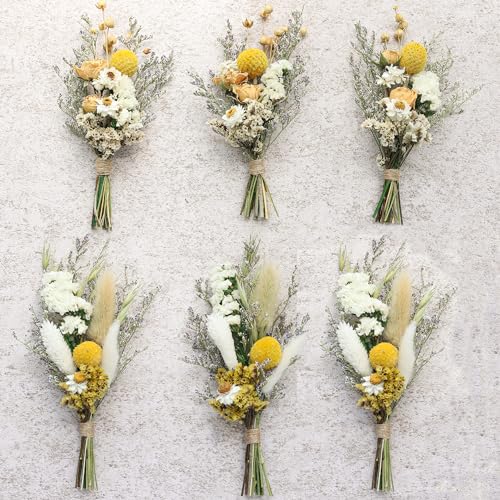 Mini Dried Flower Bouquets (Pack of 6), Dried Flower Bouquets for Card and Wedding Favour Box fillers, boutonnieres for Groomsmen and Groomsmen, Dried Cake Flowers(Yellow) - color: Yellow