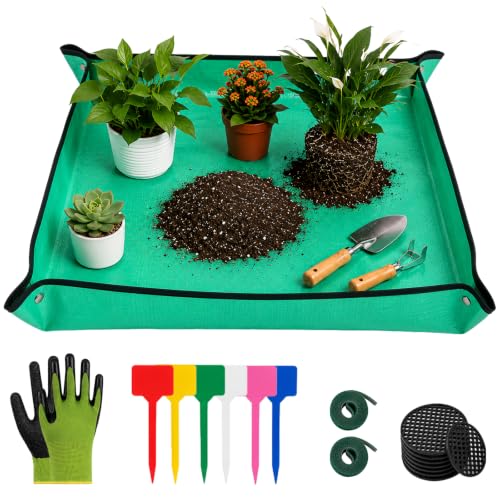 Repotting Mat for Indoor Plants with Gloves, Labels, Ties & Drainage Pads | Waterproof repotting mat for indoor plants, transplanting, soil changing, potting, pruning and everyday plant care projects. - color: Green 39.4"x39.4"