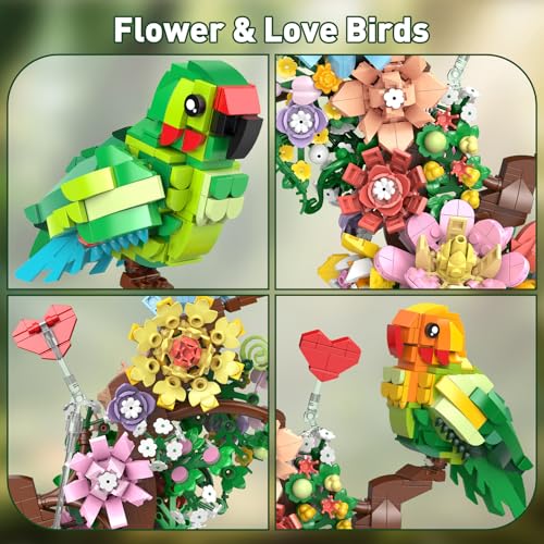 Vziimo Flowers & Love Bird Building Set, Flower Animals Parrot Botanicals Decor Model Kit with LED, Creator Animal Toys Gifts Ideas for Adults and Teens Age 14+ (1050 PCS) - style: Love Birds