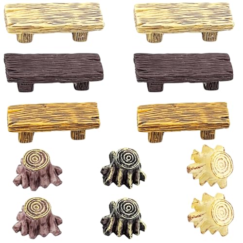 12PCS Miniature Benches & Tree Stumps Resin Figurines, Simulation Wood Grain Benches, Tree Stumps Micro Landscape Ornaments for Moss Terrariums Garden Tabletop Nature-themed Decorations & DIY Craft - color: 6 Styles