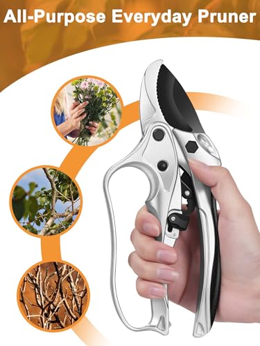 Ratchet Anvil Pruning Shears for Gardening Heavy Duty, Labor-Saving Design Garden Clippers for Arthritis Weak Hands, 3/4" Cut Capacity Branch Cutter for Tree Trimming, Flower, Rose, Plant - style: Ratchet+Anvil-Silver