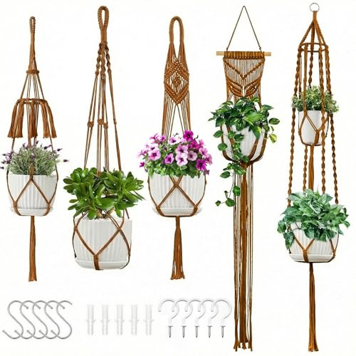 Macrame Plant Hangers 5Pack, Handmade Cotton Rope Hanging Planters | 5 Set Hooks, hanging plant holders, flower pots holder, plant hanger indoor outdoor for boho home decor, fits 6-8 inch pots - color: Caramel