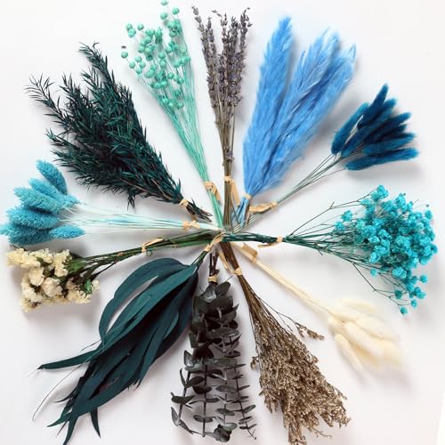 13 Kinds Mini Dried Flower Bouquet, 5-8" Boho Blue for Crafts, Vase Filler - color: Blue