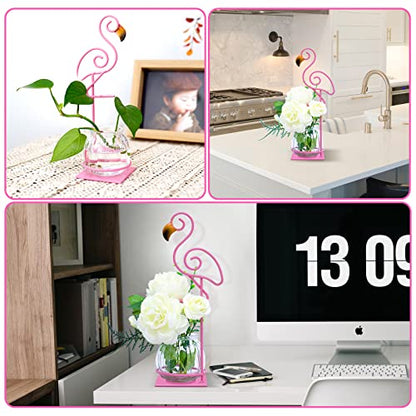 Tabletop Pink Flamingo Planter Propagation Station, Glass Vase Metal Stand - color: Pink Flamingo