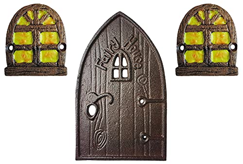 Lulu Decor 100% Cast Iron Miniature Fairy Door + 2 Windows with Glow in Dark Paint, Garden Ornament for Bottom of Trees (5-Inch)