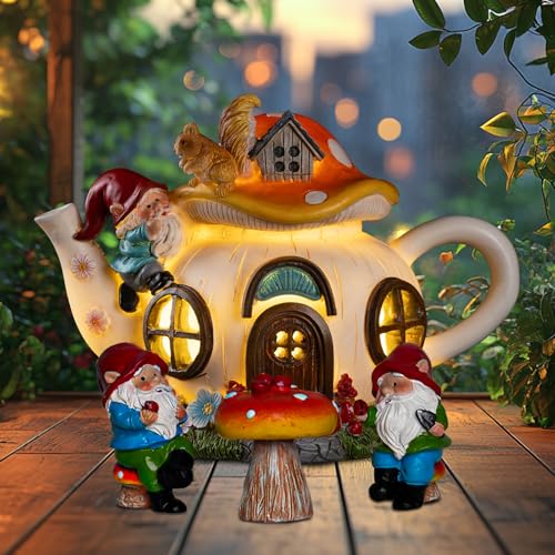 twinbling Solar Fairy Garden House Lights - Mushroom Teapot Gnome House Statue Set with 2 Mini Gnomes and 1 Mushroom Figurines, Outdoor Garden Decor, Gift for Gardeners and Moms (Set) - color: Set