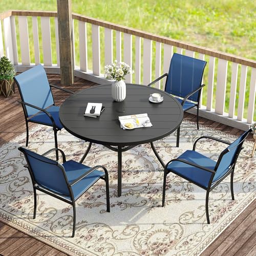 VICLLAX 5 Pieces Patio Dining Set for 4, Outdoor Furniture Set Includes 40.7" Round Patio Table and 4 Patio Stackable Chairs, Black Tabletop and Blue Fabric - color: Black Table/Blue Chairs, size: Table-40.7"x 28"