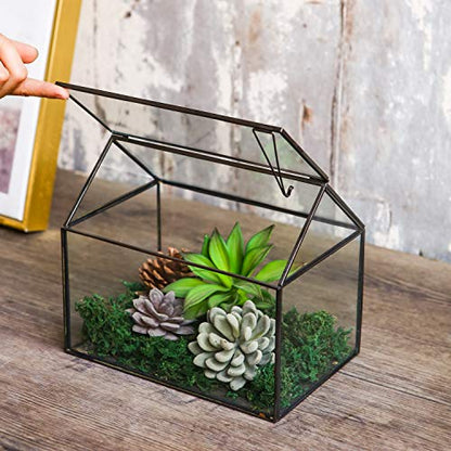House Shape Close Glass Geometric Terrarium Tabletop Succulent Plant House Garden Planter Moss Fern Swing Lid, Flower Pot for Plants Succulent, Air Plant (Black)