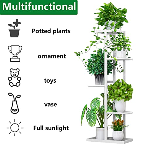 LINZINAR Plant Stand Metal 5 Tier 6 Potted Multiple Flower Pot Holder Shelf Indoor Outdoor Planter Display Shelving Unit for Patio Garden Corner Balcony Living Room (5 Tier 6 Potted, White) | Space Saving,6 Potted Multiple Flower Pot Holder,Tiered Plant R