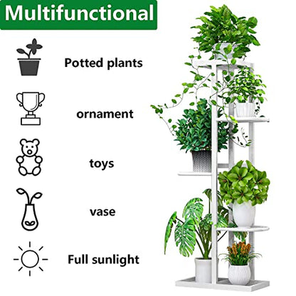 LINZINAR Plant Stand Metal 5 Tier 6 Potted Multiple Flower Pot Holder Shelf Indoor Outdoor Planter Display Shelving Unit for Patio Garden Corner Balcony Living Room (5 Tier 6 Potted, White) | Space Saving,6 Potted Multiple Flower Pot Holder,Tiered Plant R