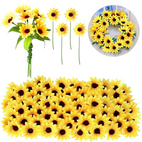 Wavwavw 50pcs Artificial Sunflower Heads with Stems, 1.77 in Fake Sunflower - size: 1.77 Inch