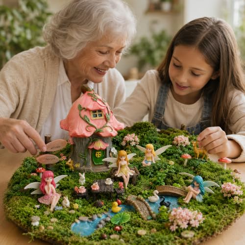 147Pcs Fairy Garden Kit Complete Miniature Figurines Accessories Set with Exclusive Mini Coffee Cups Butterflies DIY Resin Fairy House Mushrooms Animals Trees Decor for Indoor Outdoor Lawn Plant Pots