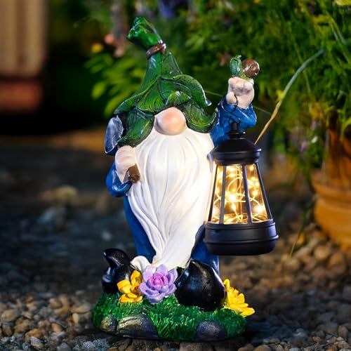 ZQQLITE Solar Garden Gnome Statue – Outdoor Gardening Dwarf Decorations Figurine with LED Lantern Waterproof Resin Leaf Hat Sculpture for Patio Lawn Yard Art and Housewarming Gift - color: With Shovel