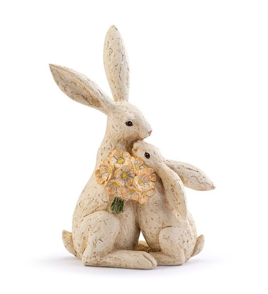 Napco Mother and Kit Bunny Figurine – 8 x 12.75 Inch Resin Rabbit Statue with Yellow Flower Bouquet, Rustic Woodland Animal Garden Décor for Spring and Easter Display