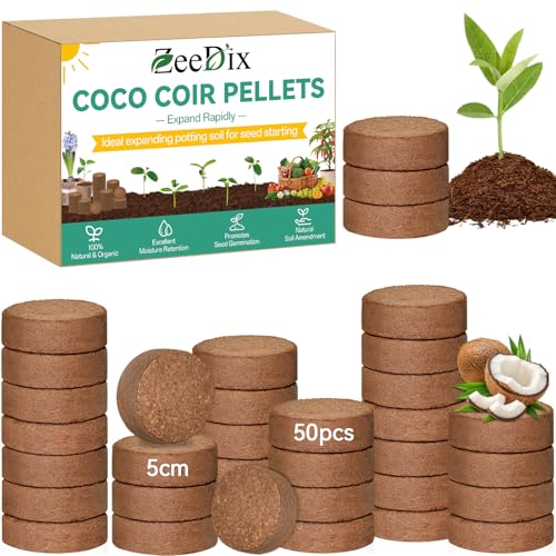 ZeeDix Coco Coir Pellets, 50 Pcs 50mm Seed Starter Soil Pods for Planting - size: 50mm