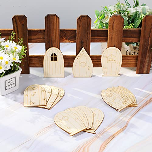 Yulejo 48 Pcs Fairy Door Wooden Garden Doors Craft Mini Window Fairy House DIY Kit Unfinished Miniature Door Unpainted Fairy Window Accessories for Wall Home Party Decoration (Delicate Style)