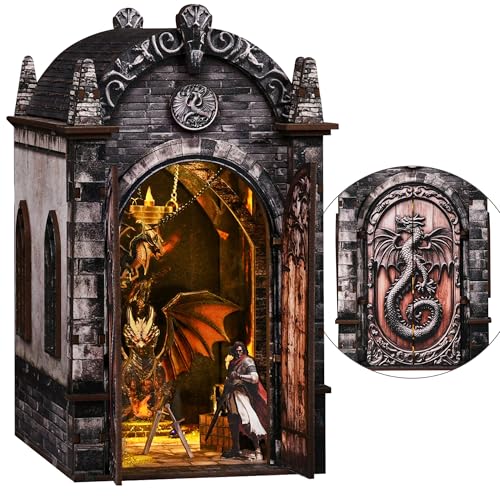 DIY Book Nook Kit, Miniature House with LED Lights | 3D Wooden Puzzles for Adults & Teens | Creative Fantasy Model Building Kit for Bookshelf Decor, Gift for Craft Lovers | Dragon Castle