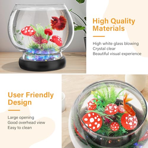 hygger 0.5 Gallon/1 Gallon Glass Fish Bowl with LED Light and Decor, Small Round Betta Fish Tank Goldfish Bowl, Round Clear Unbreakable Aquarium/Vase/Hydroponic Plant Terrarium, Nice Centerpieces - size: 0.5 Gallon Fish Bowl with Mashroom