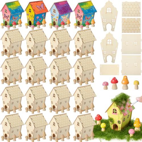 DoubleFill 20 Sets Wooden Fairy House Craft Kit for Kids - Classroom DIY Fairy Garden with Paints & Decorations - School Arts Crafts & Birthday Gift for Children Activity Party Decor (Classic Style)