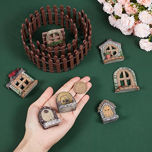 GORGECRAFT Miniature Fairy Garden Doors and Windows Resin Dollhouse Building Accessories Including Imitation Wood Door Window & Garden Fence for Micro Landscovere Decoration - style: Set 1