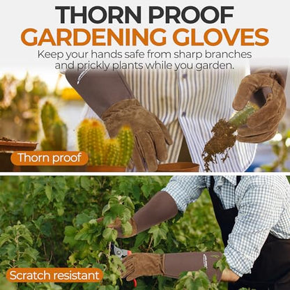 HANDLANDY Long Gardening Gloves for Men & Women, Pigskin Leather Rose Pruning Gloves- Breathable & Durable Gauntlet Glove (X-Large, Brown) - color: Brown, size: X-Large (Pack of 1)