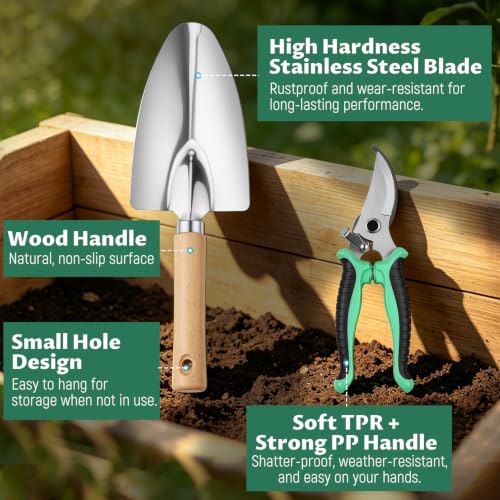 Gardening Tool Set, Heavy Duty Stainless Steel Hand Tools with Wooden Handles, Storage Tote Bag, Ergonomic Design, Ideal Gardening Gifts for Women, Men, Mom and Dad
