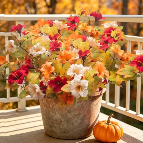 Artificial Outdoor UV Resistant Faux Petunias, No Fade Fake Fall Flowers - color: Fall(white,orange,red)