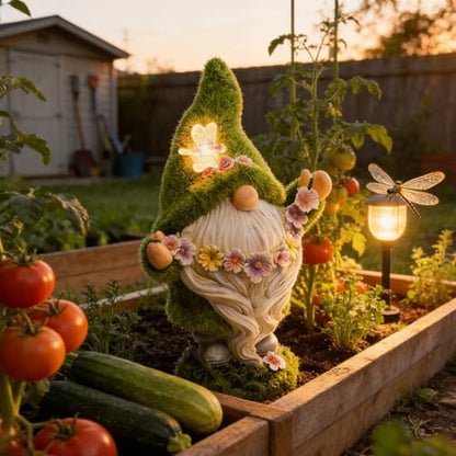 DiliComing Garden Gnomes Statue Solar Yard Decoration Green Moss Gnome | Solar Light, Dwarf Sculpture for Outdoor Patio Porch Lawn Decor, Spring Decorations