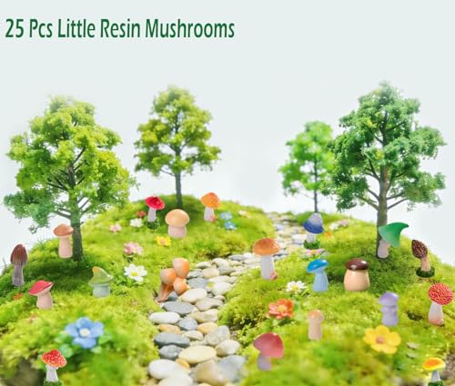 JKanruh 25 Pcs Little Resin Mushrooms,Tiny Mushroom Figurines for Aquarium,Bonsai and Micro Landscape Potted Plant Mini Garden Decoration