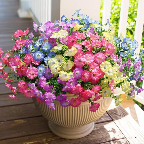 HyeFlora Artificial Flowers for Outdoors Fake Plants Outside Decoration, 12 Bundles Silk Colorful Morning Glory with Eucalyptus UV Resistant Realistic Faux Flowers for Planter Porch Patio Yard Indoor - color: Multi-color (3 Gradient Pink, 3 Gradient Purpl