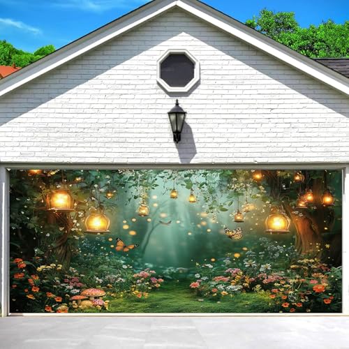 Spring Enchanted Forest Garage Door Decorations Cover, Fairy Tale Wonderland Garden Garage Door Banner Backdrop, Mushroom Butterfly Woodland Fairy Tea Backdrops Party Decor Banner Cover 16X7FT - color: Green, size: 16X7FT