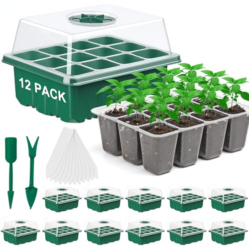 12 Pack Seed Starter Tray, 144Cell Stater Kit with Humidity Dome Green