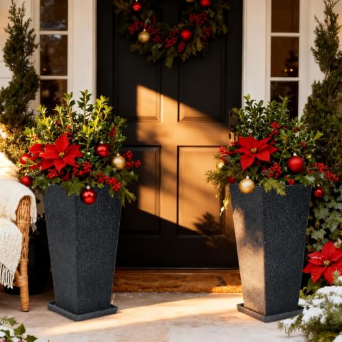 Autodaya 28" Oversized Black Terrazzo-Look PP Tall Planters Set of 2 - color: Faux Black Terrazzo-28"h