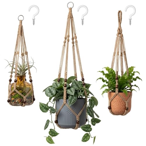 3 Pack Macrame Plant Hanger, Bohemian Hanging Planter with Elegant Wooden Beads for Indoor Outdoor (Pot and Plant are Not Included)
