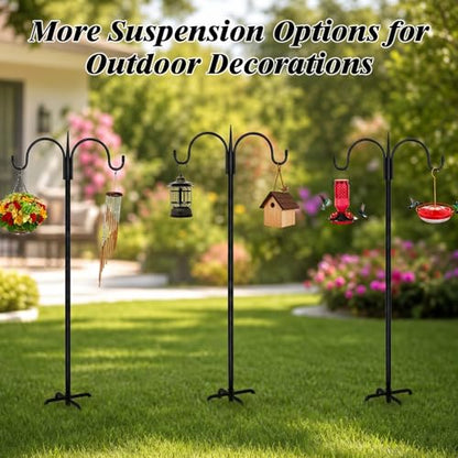 Heavy Duty Shepherds Hook 2 Pack 108" Double Hooks Adjustable (44/60/76/92/108") - Metal 5-Prong Base, 12lb Capacity - Bird Feeder Pole for Hanging Planters, Lanterns, Wind Chimes - size: 108 Inch(Pack of 2)