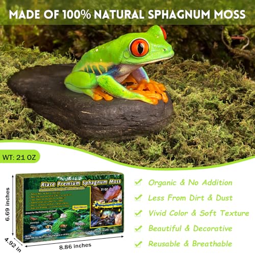 Riare 1.3lb Natural Sphagnum Moss for Reptiles, Terrarium Substrate Bedding | High Expansion, Moisture Retention, Helps Shedding, Long Fibered Dried Moss for Leopard Gecko, Snake, Frog, Turtle - color: 21 OZ