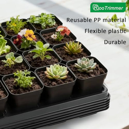 RooTrimmer 24 Cell Nursery Pots Trays 10 Pack (17"x11"x1.6"), Reusable Plastic Plant Pot Tray with Drain Holes, Carrying Seed Starter Tray for Holding 2.8 inch (7CM) Square Nursery Pots (Black) - color: Black, size: 24 Cell Trays-10 Pack