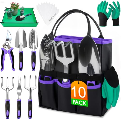 WOWBOX Garden Tools Set, 10 PCS Heavy Duty Gardening Hand Tools Kit, Purple - style: Black Purple