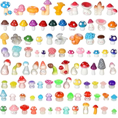 Leyndo 100 Pcs Mini Resin Mushrooms Plastic Tiny Animals to Hide Miniature Figures Small Figurines Craft Ornament for Garden Dollhouse Micro Landscape Ornament Decoration - style: Mushrooms