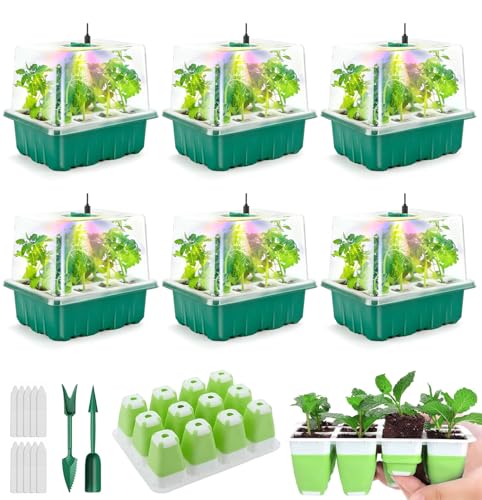 Seed Starter Tray with Grow Light, 72 Cells Indoor Seed Starter Kit, Flexible Silicone Seedling Starter Trays, Germination Tray Kit with Humidity Dome & Lids(4in Height), Reusable & Dishwasher Safe